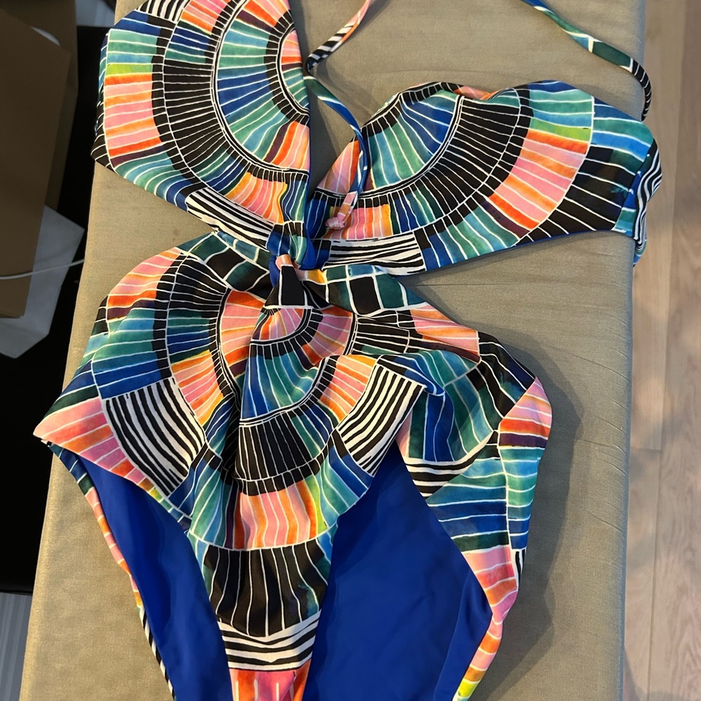 Mara Hoffman Blue and Black One Piece Swimsuit with Geometric Pattern